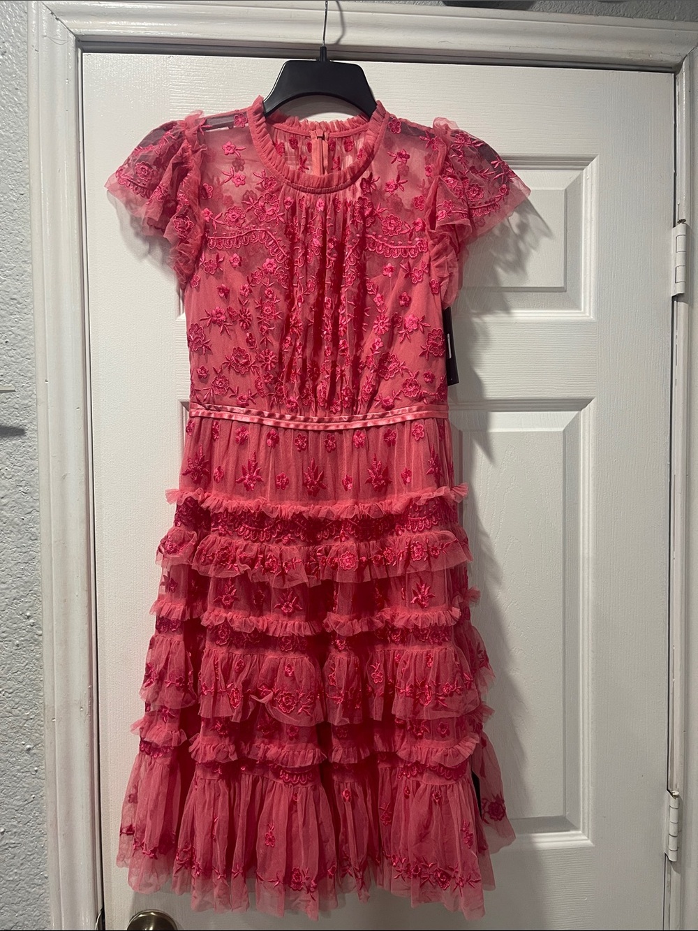 Needle & Thread Coral Pink Floral Embroidered Ruffle Dress